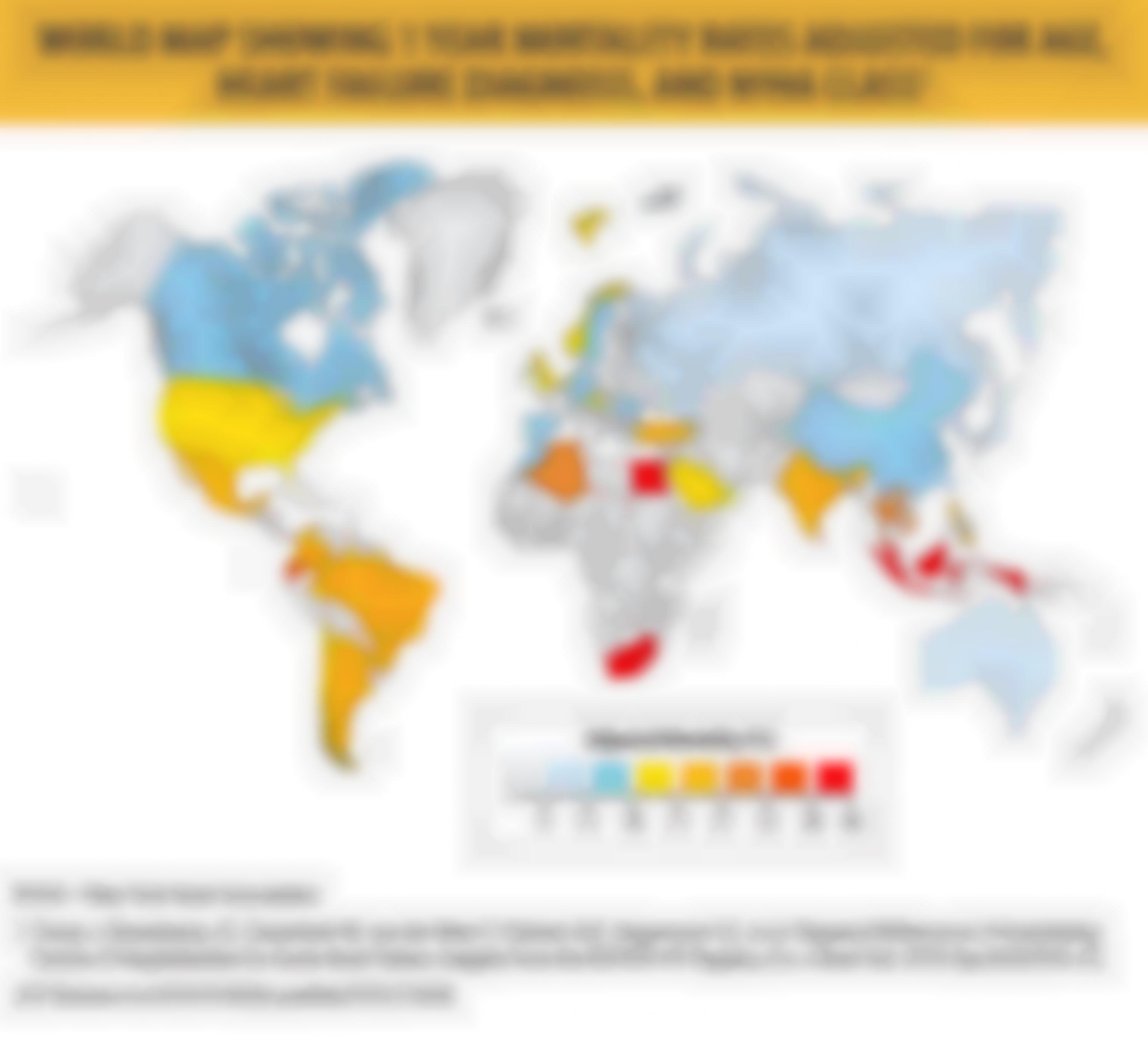 World Map Showing 1 Year Mortality Rates Adjusted for Age, Heart Failure Diagnosis, and NYHA Class